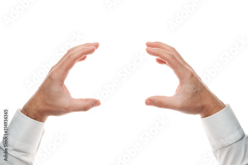 Man hands, grab gesture isolated on white background. White shirt, business style.