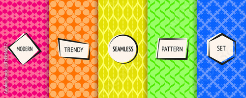 Geometric seamless patterns collection. Vector set of colorful floral background swatches with modern minimal funky labels. Cute abstract textures in vibrant colors, pink, orange, yellow, green, blue