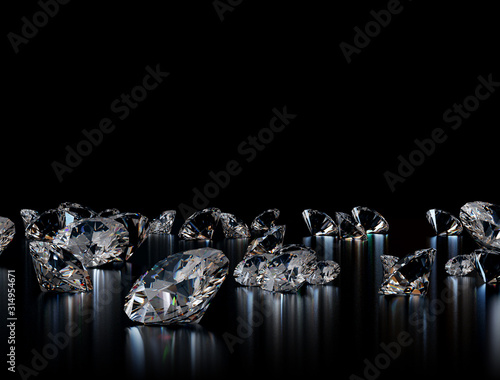 Diamonds on black background. 3D illustration