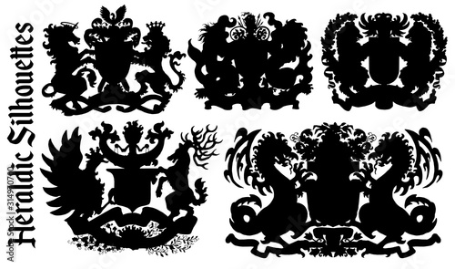 Design set with heraldic element silhouettes isolated on white.