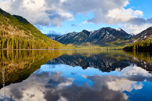 View of the Rakhmanov lake. Katon Karagai National Park. East Kazakhstan region. The Rakhmanovskiye lake is located of 1750 meters above sea level.