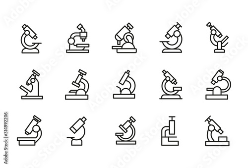 Simple set of microscope modern thin line icons.