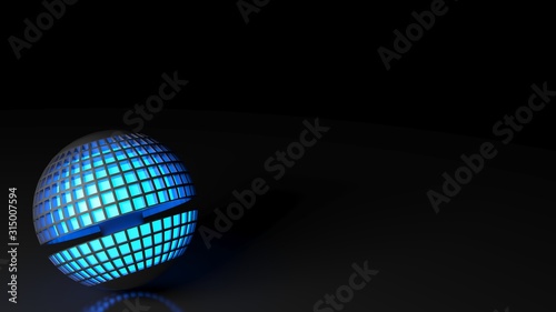 Blue lighted technological globe on black background - 3D rendering illustration