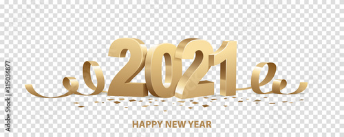 Happy New Year 2021. Golden 3D numbers with ribbons and confetti , isolated on transparent background.