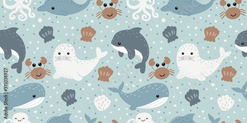 cute sea life in seamless pattern