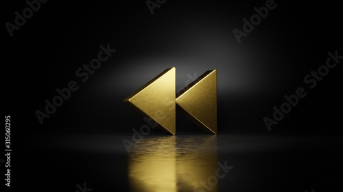 gold metal symbol of rewind 3D rendering with blurry reflection on floor with dark background