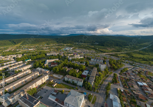 Satka city and mountains. Chelyabinsk region, Russia. Aerial, summer, sunny