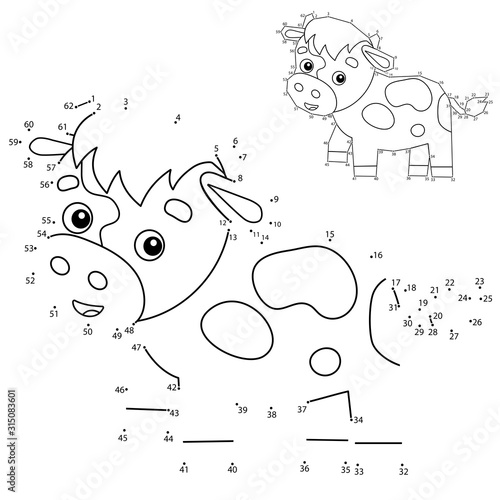 Educational Puzzle Game for kids: numbers game. Cartoon calf or kid of cow. Farm animals. Coloring book for children.