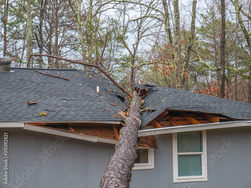 Storm damage tree on roof in Saks near Anniston, Alabama, January 11, 2020