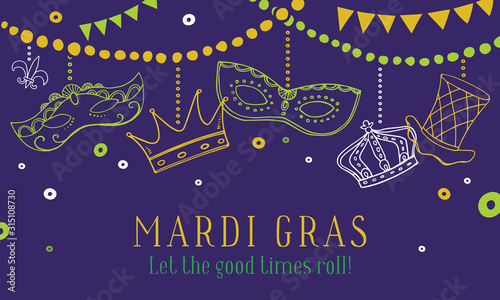 Mardi Gras composition with masks, crowns and hat hanging on beads. Vector hand drawn sketch color illustration