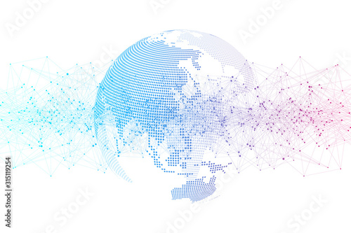 Global social network. Networking and data connection concept. Worldwide internet and technology. Dynamic waves connected by plexus light lines. Virtual digital composition. Vector illustration.
