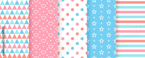 Scrapbook background. Seamless pattern. Vector. Cute scrap design. Textures with polka dot, heart, triangle, stripe, star. Chic packing paper. Trendy blue pink print. Color backdrop illustration.