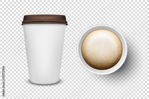 Vector 3d Realistic Disposable Opened Paper, Plastic Coffee Cup for Drinks With Brown Lid Icon Set Closeup Isolated on Transparent Background. Design Template, Mockup. Top and Front View