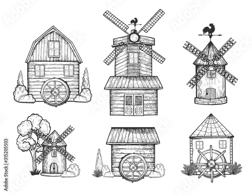 Rural windmill and watermill set