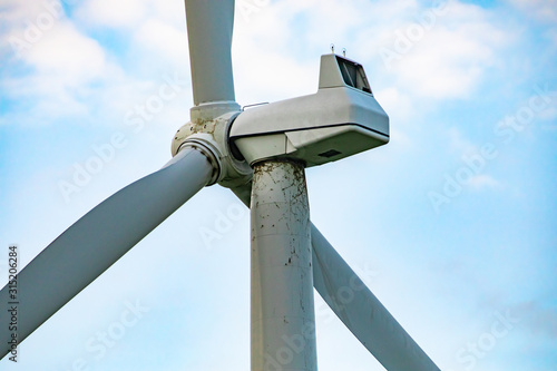 A close up and side shot on the top detail of a wind turbine, showing the nacelle and anemometer. Modern clean eco friendly renewable energy. With copy space