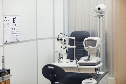Horizontal background image of modern optometrist equipment in ophthalmology clinic, copy space