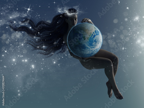 A woman holds planet earth floating in the universe