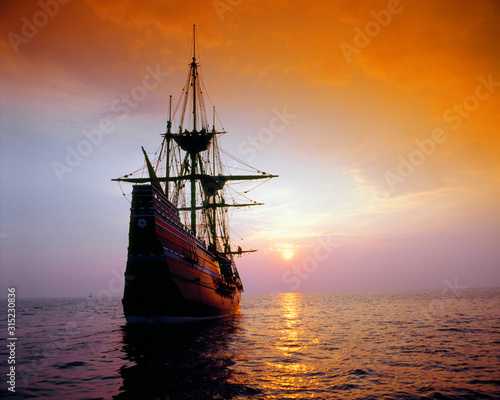 Mayflower II replica at sunset, Massachusetts