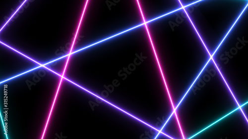 Abstract Retro Sci-Fi Neon bright lens flare colored on black background. Laser show colorful design for banners advertising technologies. Retro style of the 80s