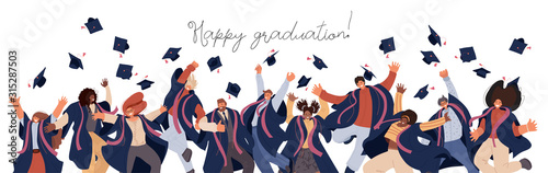 Vector flat set of Happy graduated man and woman in college and university education students in academic dresses. Celebration of Graduation day Students trow caps in air, Success Learning Concept