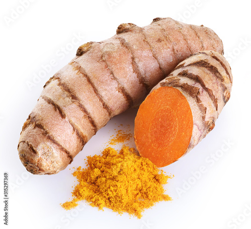 Turmeric root and powder isolated on white background.