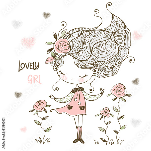 Lovely is a little girl with flowers of roses. Vector.