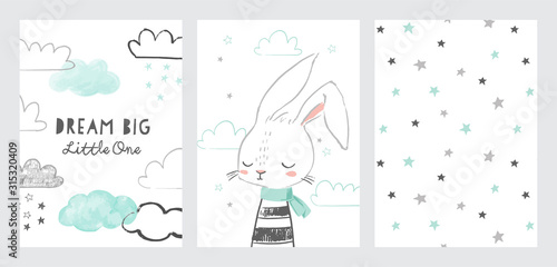 Set of cute baby shower cards or nursery posters. Hand drawn bunny, clouds, stars, phrase dream big little one. Vector illustrations for invitations, greeting cards, posters