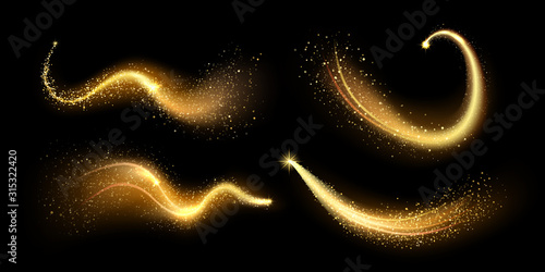 Magical gold sparkles dust. Golden lighting sparkle trail, glittering shiny magic textured path. Glowing stardust wave, glitter spark or magical starry light isolated vector illustration set