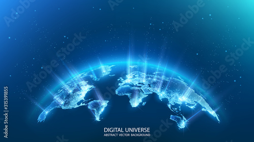 Map of the planet. Rays of energy. World map. Global social network. Future. Vector. Blue futuristic background with planet Earth. Internet and technology. Floating blue plexus geometric background.