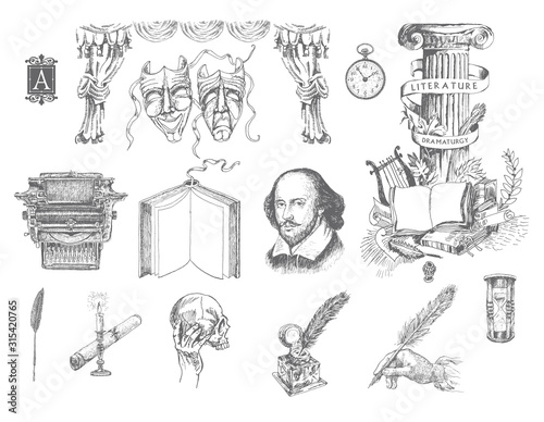Literature and theater hand drawn vector set. Inkwell, writing tools, pens, books, ancient manuscripts, typewriter, antique column, theater curtain, masks of drama and comedy. Engraving