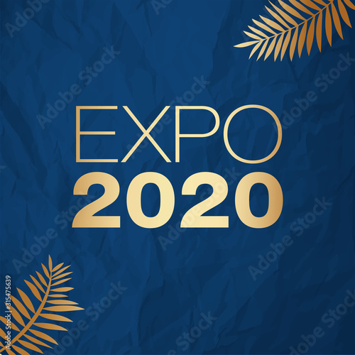 Expo 2020 Dubai vector illustration gold on a color of the year 2020 Classic Blue crumpled paper background