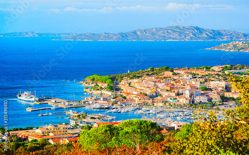 Panorama and landscape at La Maddalena of Costa Smeralda at Mediterranean sea in Sardinia island of Italy. Boats at Sardegna in summer. Olbia province. Mixed media.