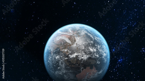3D scene Earth globe with atmosphere and clouds from the space with sun light effects used NASA Earth images textures