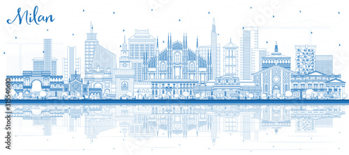 Outline Milan Italy City Skyline with Blue Buildings and Reflections.