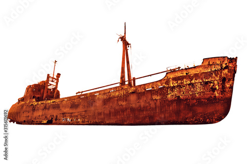 Side view of the rusty shipwreck in Glyfada beach near Gytheio, Gythio Laconia, Peloponnese, Greece. Isolated on white background with copy space.