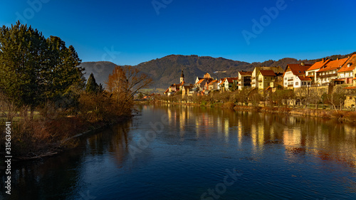 Frohnleiten panorama small town above Mur river in Styria,Austria. Famous travel destination.