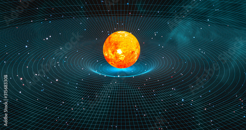 Sun-like star creating gravitational waves in space-time continuum 3d rendering 