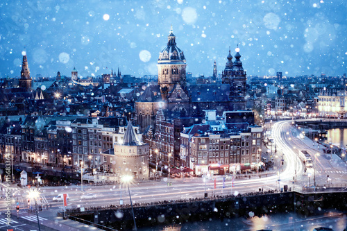Amsterdam skyline, capital of the Netherlands, in winter with snowfall