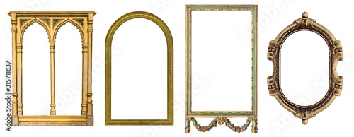 Set of golden and wooden gothic frames for paintings, mirrors or photo isolated on white background