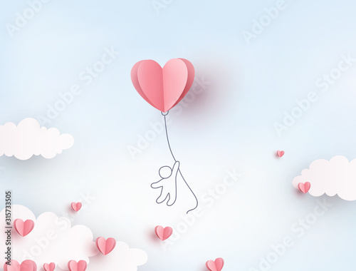 Pink heart flying balloon with man on blue sky background. Vector love postcard for Happy Mother's, Valentine's Day or birthday greeting card design..