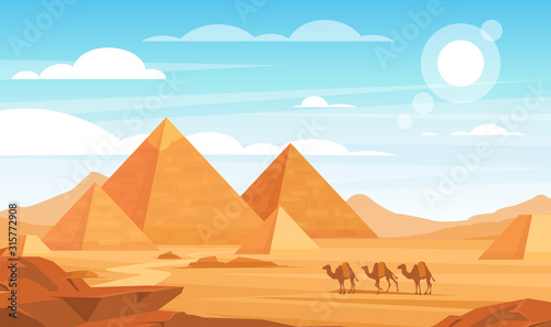 Pyramids in desert flat vector illustration. Egyptian landscape panoramic cartoon background. Bedouin camels caravan and Egypt landmarks. African nature scenery. Animals and sand dunes.
