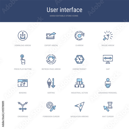 set of 16 vector stroke icons such as wait cursor, navigation arrows, forbidden cursor, crossroad, exchange personel, industrial action from user interface concept. can be used for web, logo,