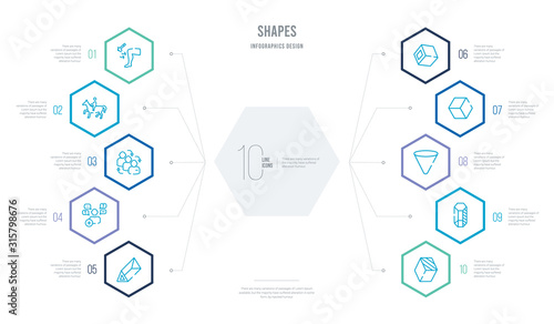 shapes concept business infographic design with 10 hexagon options. outline icons such as rectangular prism, hexagonal prism, inverted cone, cube, cube geometrical, followers