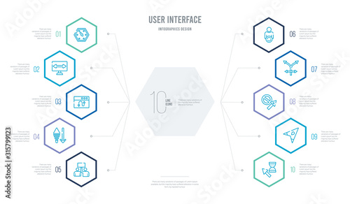 user interface concept business infographic design with 10 hexagon options. outline icons such as wait cursor, navigation arrows, forbidden cursor, crossroad, exchange personel, sorting