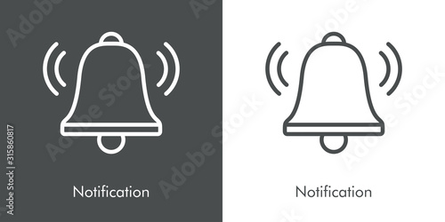 Campana de notificación con ondas. Icono plano lineal en fondo gris y fondo blanco