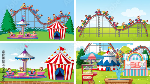 Four scenes with many rides in the fun fair