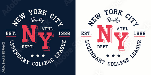 NY college league print for t-shirt design. New York, Brooklyn typography graphics for college apparel. Vector illustration.