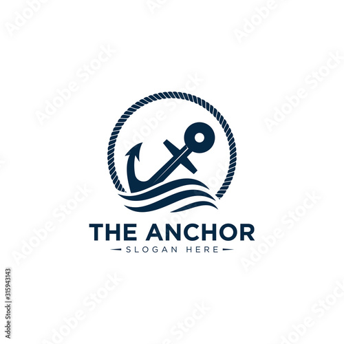 marine retro emblems logo with anchor and rope, anchor logo - vector