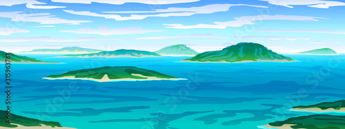 vector Tropical ocean landscape with island at turquoise ocean waives with near beach. eps 10 illustration background View of blue paradise
