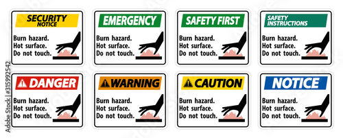 Burn hazard,Hot surface,Do not touch Symbol Sign Isolate on White Background,Vector Illustration